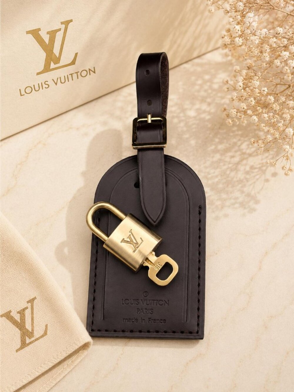 Authentic Louis Vuitton Brown Luggage Tag & Gold Padlock with Key-Made in France